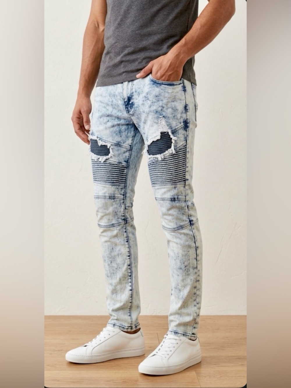 Waimea Skinny Fit Moto Jeans | Acid Wash Distressed Biker Denim 32x32